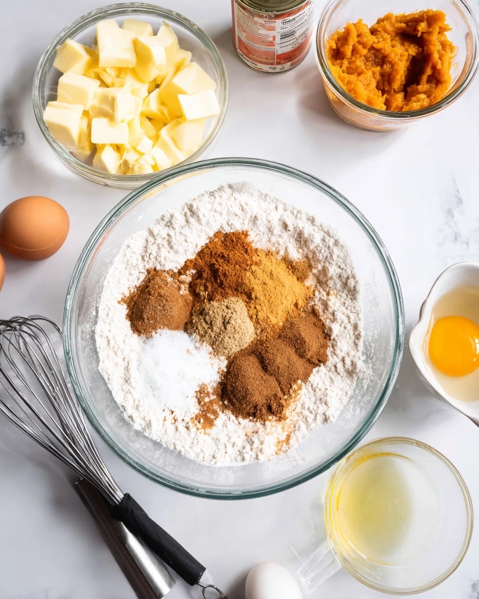 The image shows a baking setup on a white marbled surface with a large clear glass bowl in the center. Inside this bowl, there are three main layers: the bottom layer is white flour, the middle layer is a mix of brown sugar and cinnamon in different shades of brown, and the top layer has a small amount of white baking powder. Surrounding the bowl are several smaller containers: one with yellow cubed butter, a small clear jar of orange pumpkin puree, a can of pumpkin puree in the background, a clear bowl with a cracked raw egg on milk, and a small measuring cup with a yellow liquid. Black measuring spoons and a whisk lie nearby, completing the scene. photo taken with an iphone --ar 4:5 --v 7