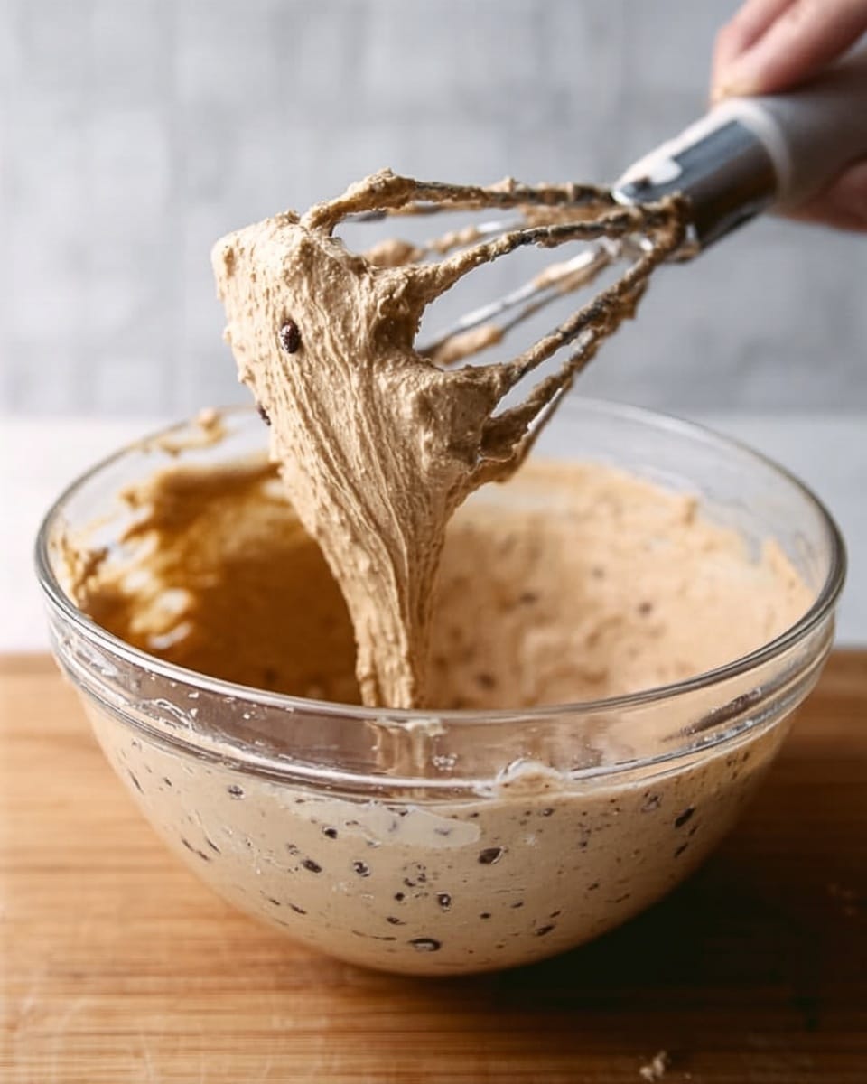 The image shows a thick, light brown batter with dark small specks mixed inside, sitting in a clear glass bowl. A metal mixer beater, coated with the same batter, is held above the bowl by a woman's hand, lifting some batter that looks creamy and smooth but with textured bits. The background is a white marbled surface, and the bowl sits on a wooden board. photo taken with an iphone --ar 4:5 --v 7