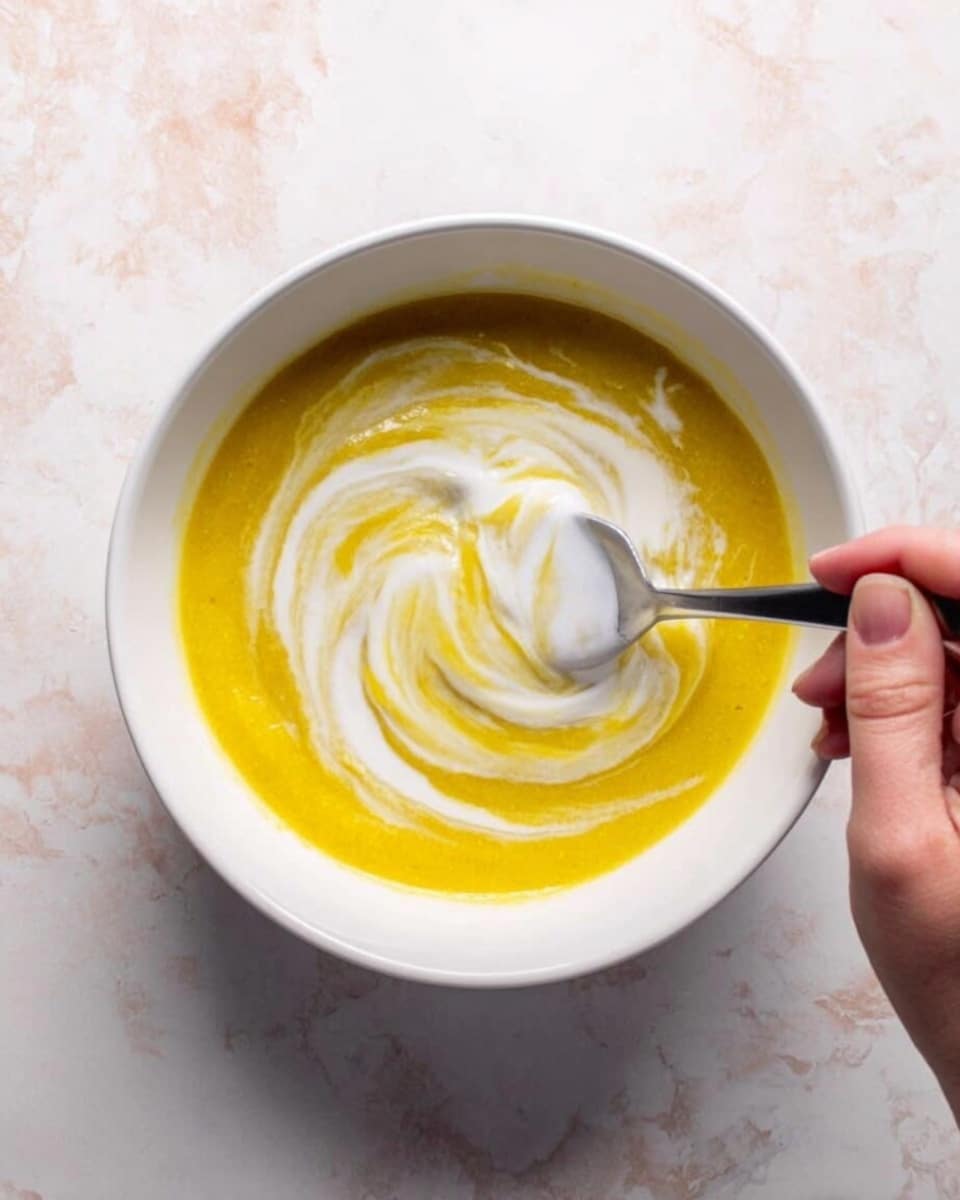 A white bowl with a bright yellow soup or puree inside, topped with a swirl of white cream. A silver spoon is shown mixing the cream into the yellow base, creating soft swirled patterns at the center of the bowl. A woman's hand holds the spoon from the left side of the frame. The bowl sits on a white marbled surface with slight pinkish and gray marks. The lighting is soft and natural, highlighting the smooth and creamy textures in the bowl. photo taken with an iphone --ar 4:5 --v 7