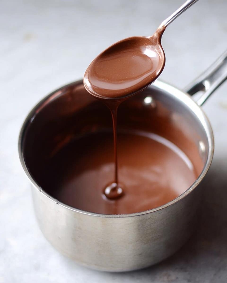 A close-up view of a metal saucepan filled halfway with smooth, warm, brown chocolate sauce that has a shiny texture. A spoon is held above the pan, pouring a thin stream of the chocolate back into the saucepan, showing the sauce’s fluid consistency. The background is a white marbled surface that contrasts with the rich brown sauce and the silver pan. The lighting reflects softly on the chocolate, making it look glossy and inviting. photo taken with an iphone --ar 4:5 --v 7