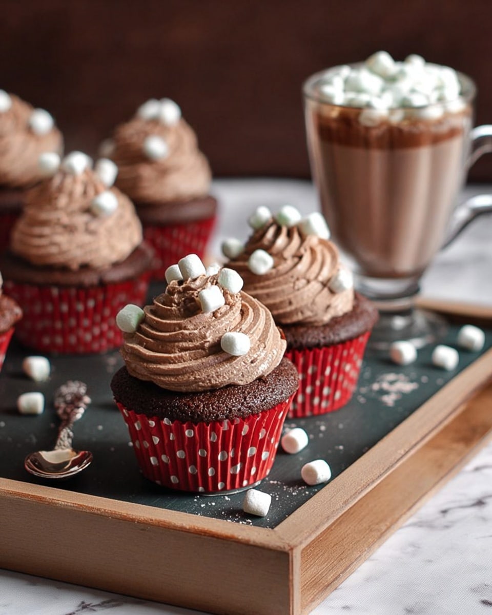 The image shows chocolate cupcakes placed on a dark tray with a wooden frame, resting on a white marbled surface. Each cupcake has a dark brown base in red paper liners with white polka dots. On top, there is a thick swirl of light brown chocolate frosting with a smooth, slightly ridged texture, decorated with small white marshmallows scattered over the frosting and around the tray. In the background, a clear glass mug filled with hot chocolate topped with more small white marshmallows is visible, adding to the cozy feel. A small light-colored spoon lies on the tray near one cupcake. The overall mood is warm and inviting. photo taken with an iphone --ar 4:5 --v 7