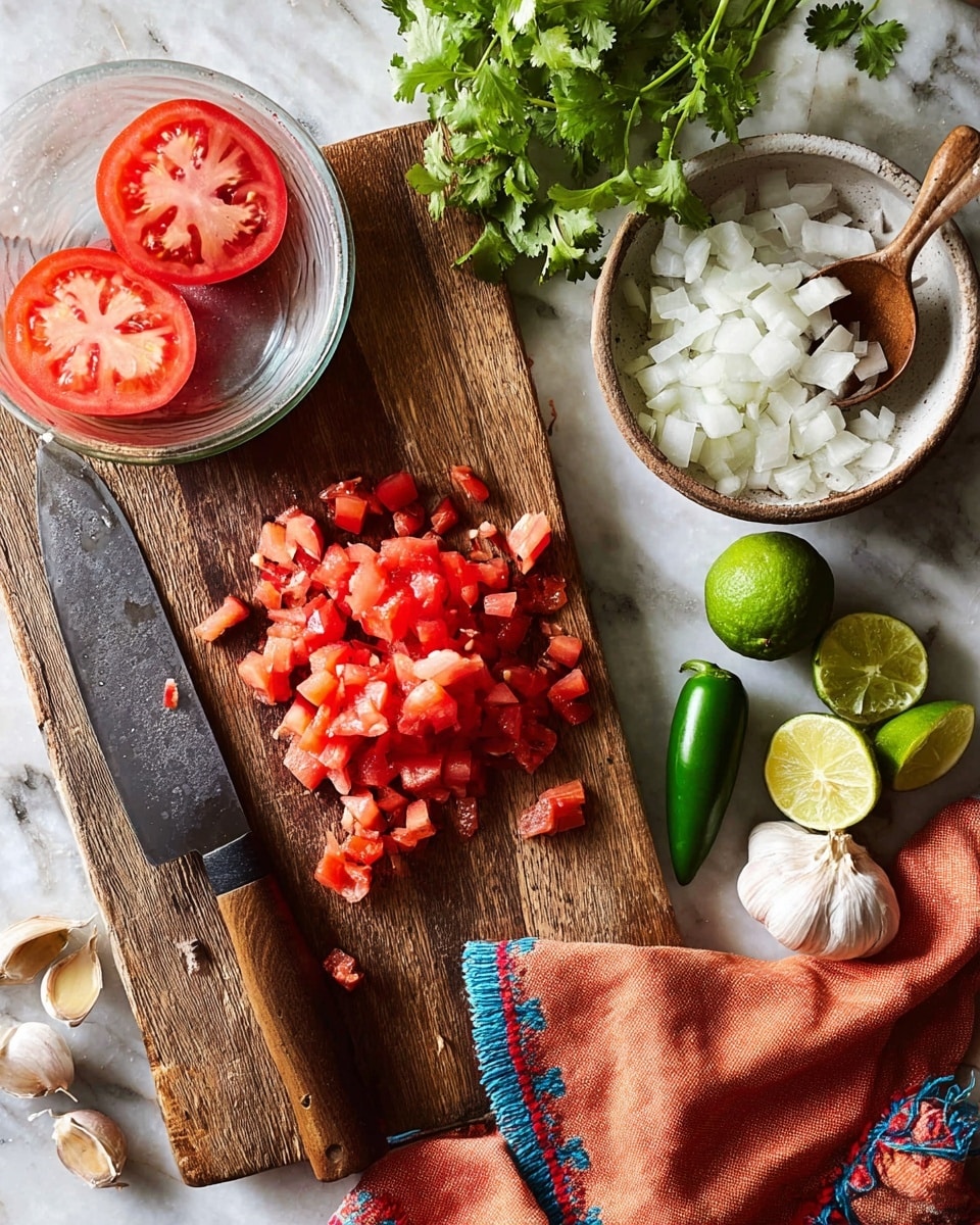 A rustic wooden cutting board on a white marbled surface holds several fresh ingredients: two halves of a red tomato with visible seeds, diced red tomato pieces scattered on a large silver knife with a wooden handle, and some diced tomato in a white bowl with a wooden spoon resting inside. Above the knife, there is a small glass bowl filled with chopped white onions. To the right, a whole green jalapeno pepper and a half jalapeno with visible seeds are placed beside two halves of bright green limes. Garlic cloves and a whole bulb of garlic with peeled skins sit near an orange cloth with blue stitching that rests on the marbled surface. Some fresh cilantro sprigs lie near the top of the cutting board, adding green detail. The photo taken with an iphone --ar 4:5 --v 7