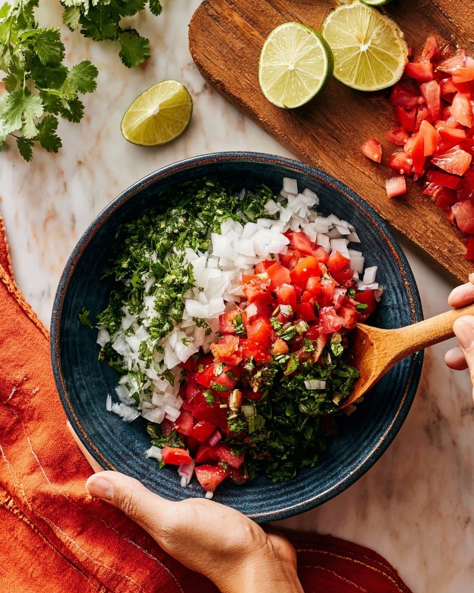 The image shows a close view of a dark blue bowl holding chopped red tomatoes at the base, layer of white chopped onions on top, and a generous layer of bright green chopped cilantro covering part of the onions. A wooden spoon is mixing the layers, held by a woman's hand on the right side, while another woman's hand holds the bowl at the bottom. Above the bowl is a wooden board with scattered pieces of tomatoes, onions, and coriander, and two halves of a squeezed lime on a white marbled surface. An orange cloth is placed to the left side of the bowl. Photo taken with an iphone --ar 4:5 --v 7