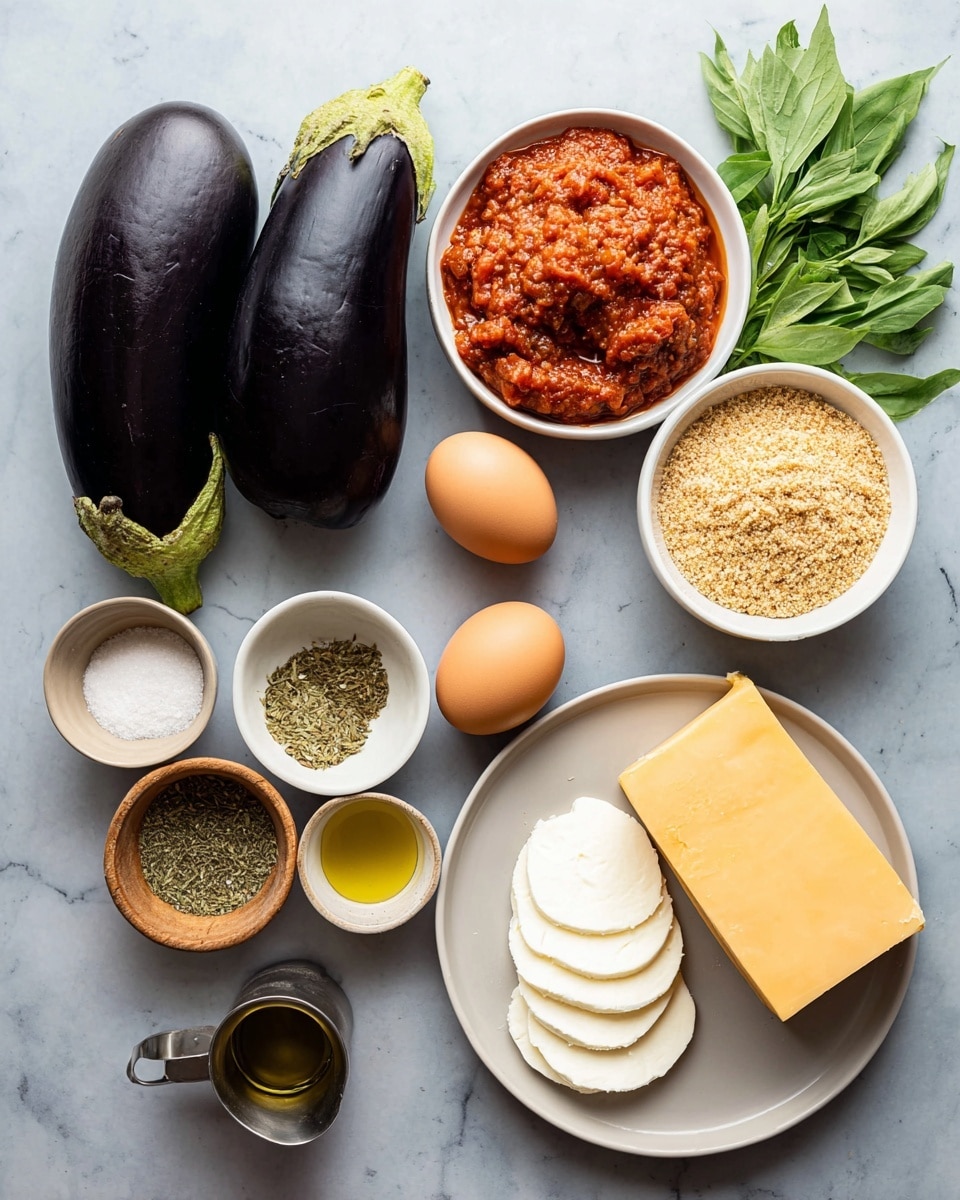 The image shows raw ingredients for cooking arranged neatly on a white marbled surface. There are two large dark purple eggplants placed horizontally near the center. At the top right, a white bowl holds thick, red tomato sauce with a chunky texture. To the right of the eggplants, a white bowl contains light brown, crumbly crumbs. Below the eggplants, two brown eggs rest side by side. A white plate at the bottom right holds multiple layers: the base layer is white slices made of soft cheese laid out in a semicircle, next to a block of yellow cheese with a textured rind. At the bottom left, small bowls hold several seasonings including a dry white powder in a wooden bowl, dried green herbs in a beige bowl, a small light gray bowl with yellowish powder, and a small metal cup filled with olive oil. Fresh green herbs with broad leaves are placed at the top left. The photo taken with an iphone --ar 4:5 --v 7