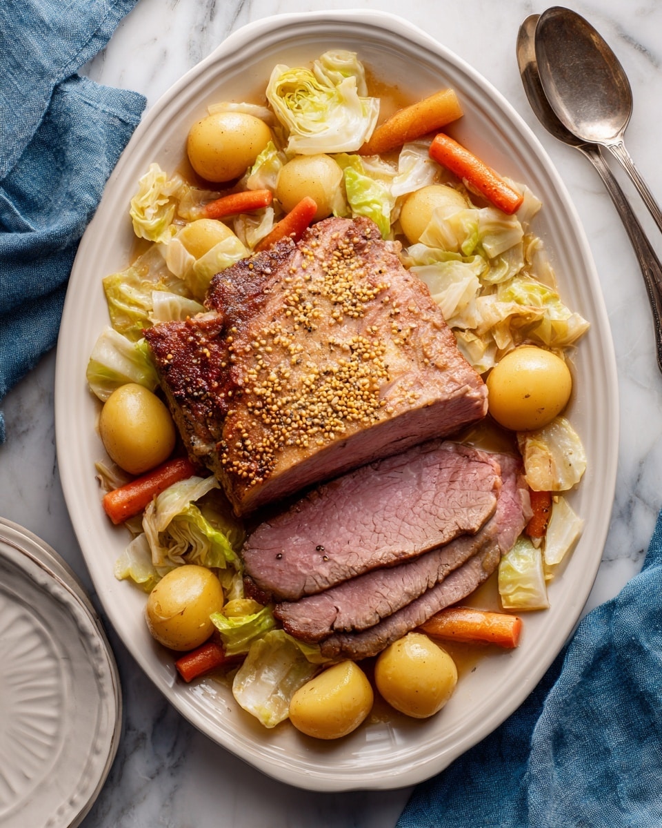 A large white oval plate holds a thick piece of sliced meat in the center, showing a pinkish inside with a seared brown outside and sprinkled with mustard seeds. Surrounding the meat are chunks of light yellow boiled potatoes, orange carrot pieces, and white cabbage leaves, all slightly glossy as if coated in butter or sauce. The vegetables are mixed and placed around the meat in an even layer. The plate sits on a white marbled surface with a silver fork and spoon beside it. A blue cloth is partly visible at the top left corner. Photo taken with an iphone --ar 4:5 --v 7