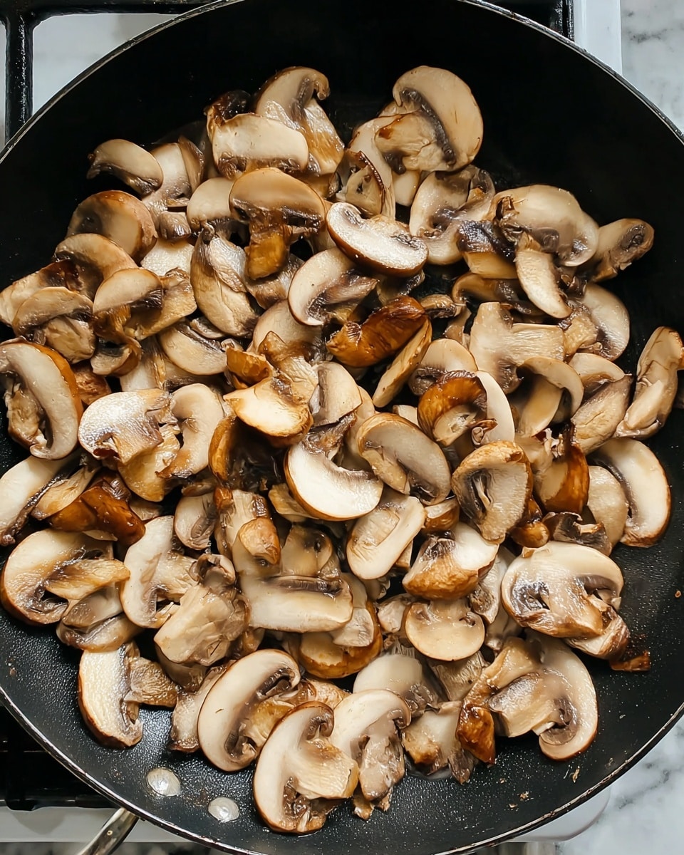 A close-up view of a black pan filled with a single layer of sliced brown mushrooms. Each mushroom slice shows a mix of light beige and brown tones with a smooth, slightly shiny texture, indicating they are fresh and lightly cooked. The mushrooms are spread evenly across the pan, and the pan’s surface contrasts with the mushrooms' natural colors. The background shows a faint part of a stove with a white marbled texture. Photo taken with an iphone --ar 4:5 --v 7
