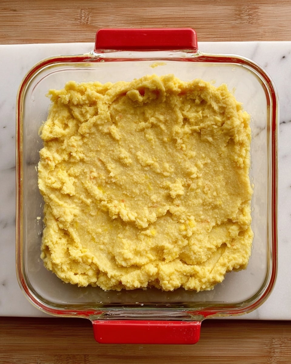 A clear glass square dish with red handles on the sides is filled evenly with a single layer of mashed yellow mixture that has a rough texture and small lumps. The mixture covers the entire bottom of the dish and is pressed flat but not smooth. The dish sits on a white marbled surface. Photo taken with an iphone --ar 4:5 --v 7
