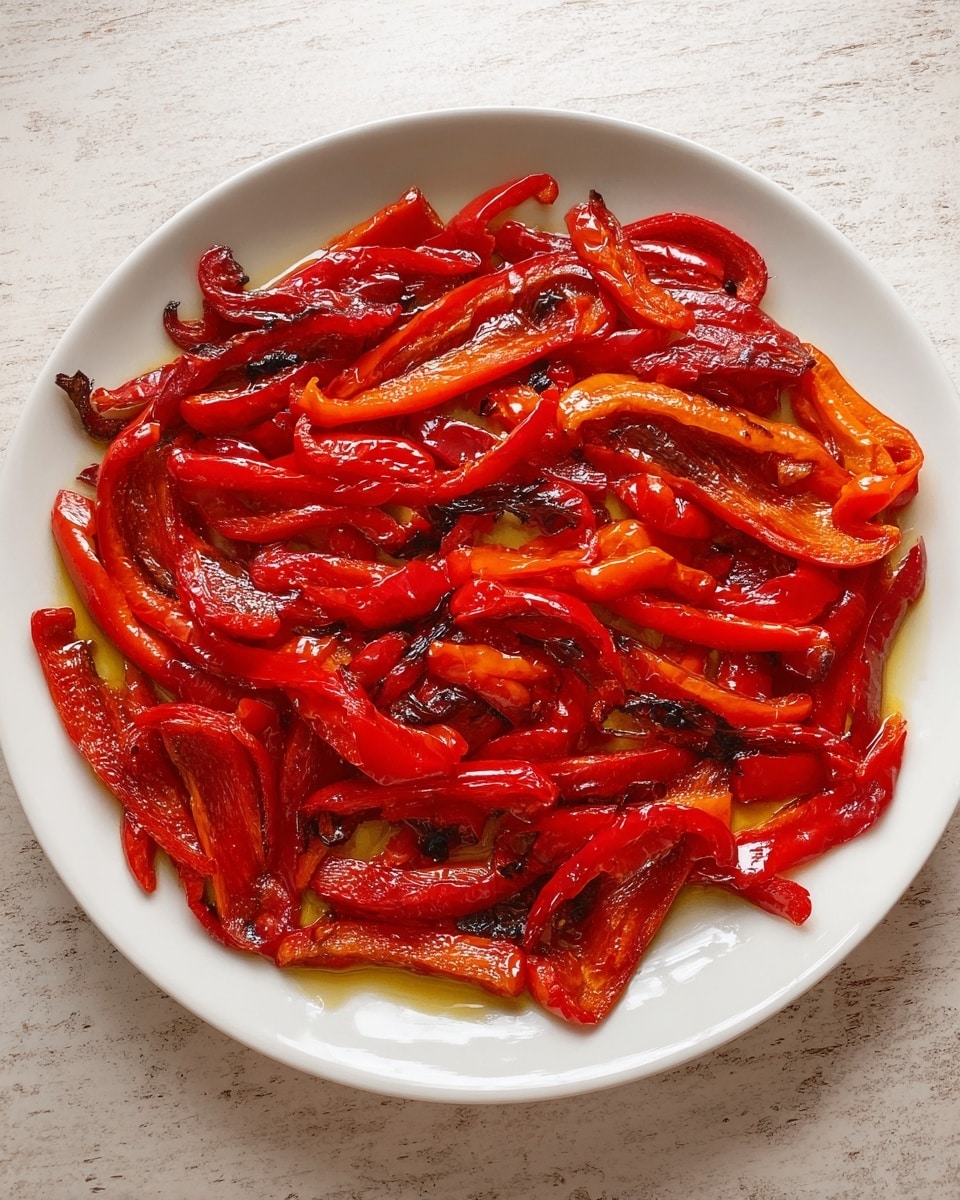 The image shows a clear glass container filled with bright red roasted bell peppers arranged in layers. The peppers have a slightly wrinkled texture with a shiny, cooked look, some with darker spots indicating roasting. The peppers lie flattened next to each other, filling the container from edge to edge. The container is set on a smooth wooden surface with natural light highlighting the vibrant red color of the peppers. photo taken with an iphone --ar 4:5 --v 7
