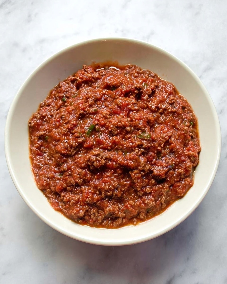 A white round bowl filled with a single layer of thick reddish-brown ground meat sauce that looks chunky and slightly oily, with small bits of green herbs mixed in evenly throughout. The bowl sits on a white marbled surface, and there is no additional garnish or toppings visible. The texture is dense with visible small lumps, giving a hearty and rustic look. photo taken with an iphone --ar 4:5 --v 7