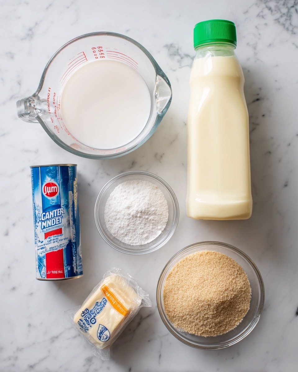 The image shows six ingredients arranged on a white marbled surface: a clear glass measuring cup with a white liquid, a tall plastic bottle with a green cap and yellow liquid inside, a white can of sweetened condensed milk with red and blue label lying on its side, a small wrapped stick of butter in cream and orange packaging, a small clear bowl with white powder, and a larger clear bowl filled with light brown fine crumbs. All items are well spaced and clearly visible. Photo taken with an iphone --ar 4:5 --v 7
