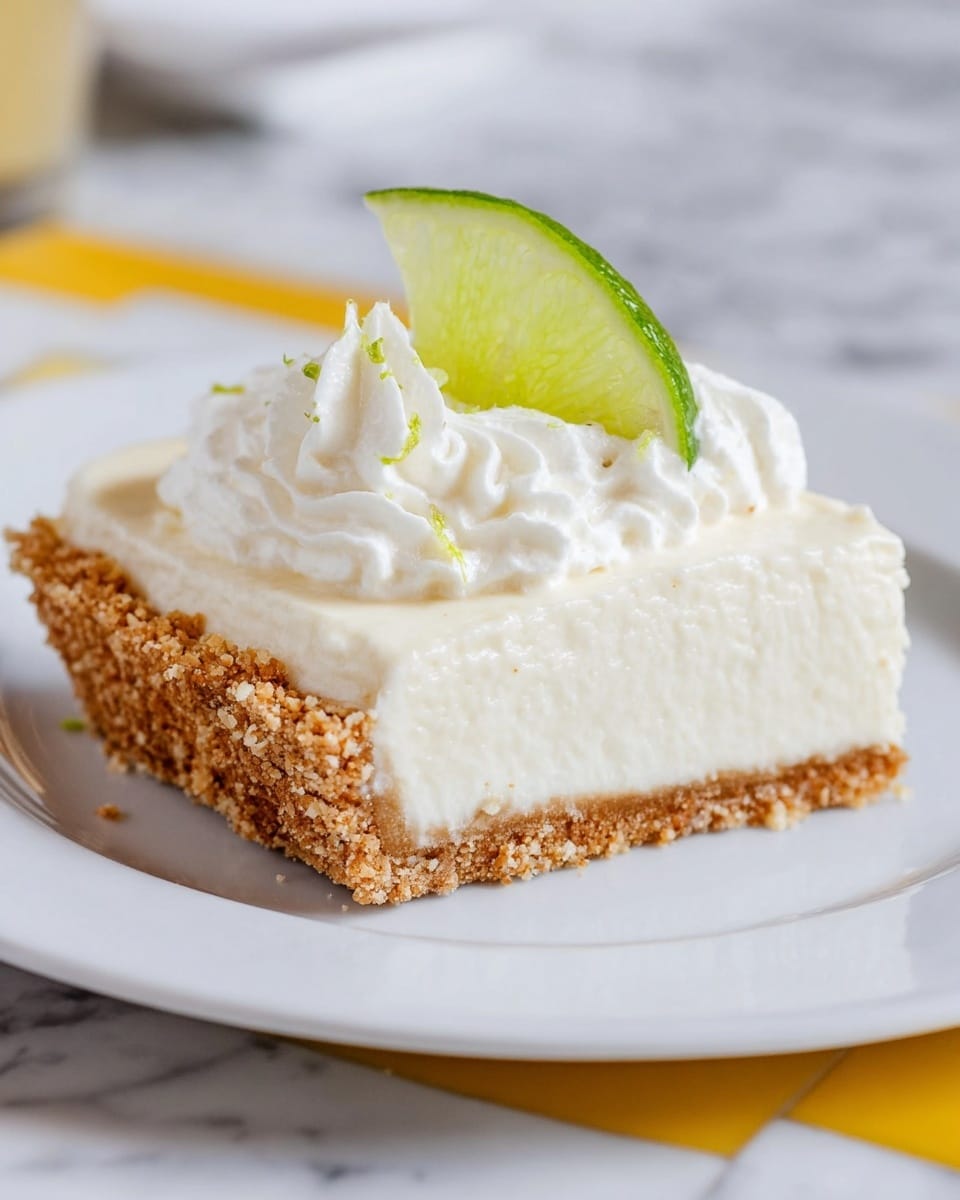 A single slice of lemon pie with three distinct layers is placed on a white plate: the bottom layer is a crumbly, light brown crust with a rough texture, the middle layer is creamy and off-white with a smooth but slightly airy look, and the top layer is a swirl of white whipped cream crowned with a thin, bright green wedge of lime. The plate sits on a white marbled surface with a hint of a yellow pattern showing underneath the edge of the plate. Photo taken with an iphone --ar 4:5 --v 7