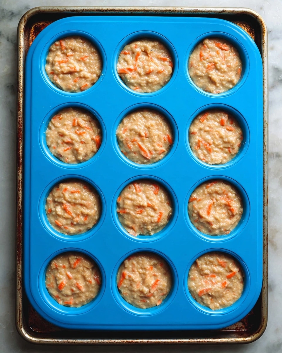 A blue silicone muffin tray with twelve round sections is filled with a light brown batter that has visible orange carrot bits and small chunks throughout. The batter is spread evenly in each section, filling them close to the top. The tray rests on a metal baking sheet with signs of use. The background surface is white marble. photo taken with an iphone --ar 4:5 --v 7
