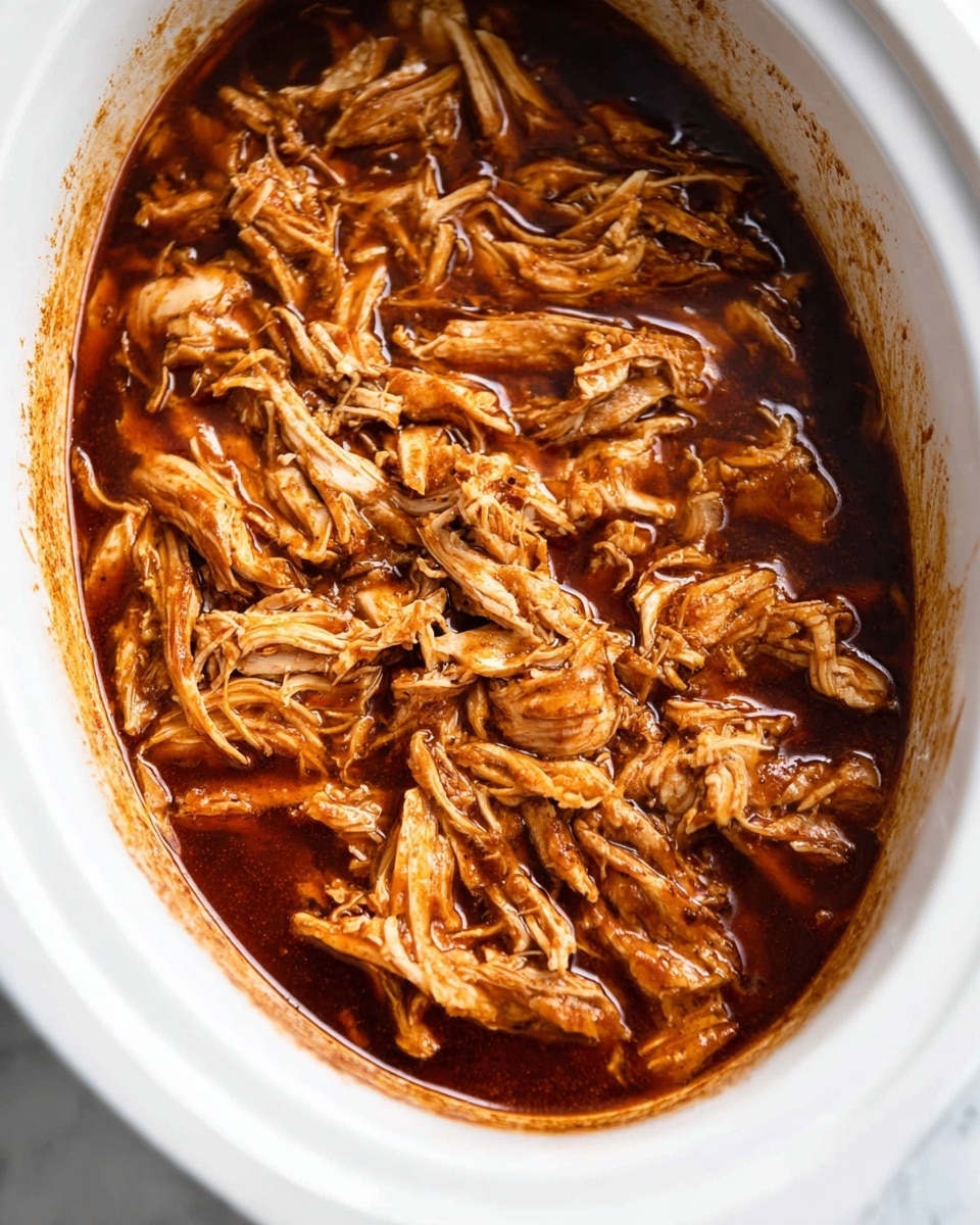 The image shows a white oval slow cooker filled with shredded chicken immersed in a dark brown sauce. The shredded chicken pieces vary in size, with some long tender strands and others smaller chunks, all coated with the glossy, rich sauce. The edges of the slow cooker have some sauce residue, emphasizing the moist texture of the dish. The white cooker contrasts with the deep brown colors of the chicken and sauce, sitting on a white marbled surface. Photo taken with an iphone --ar 4:5 --v 7