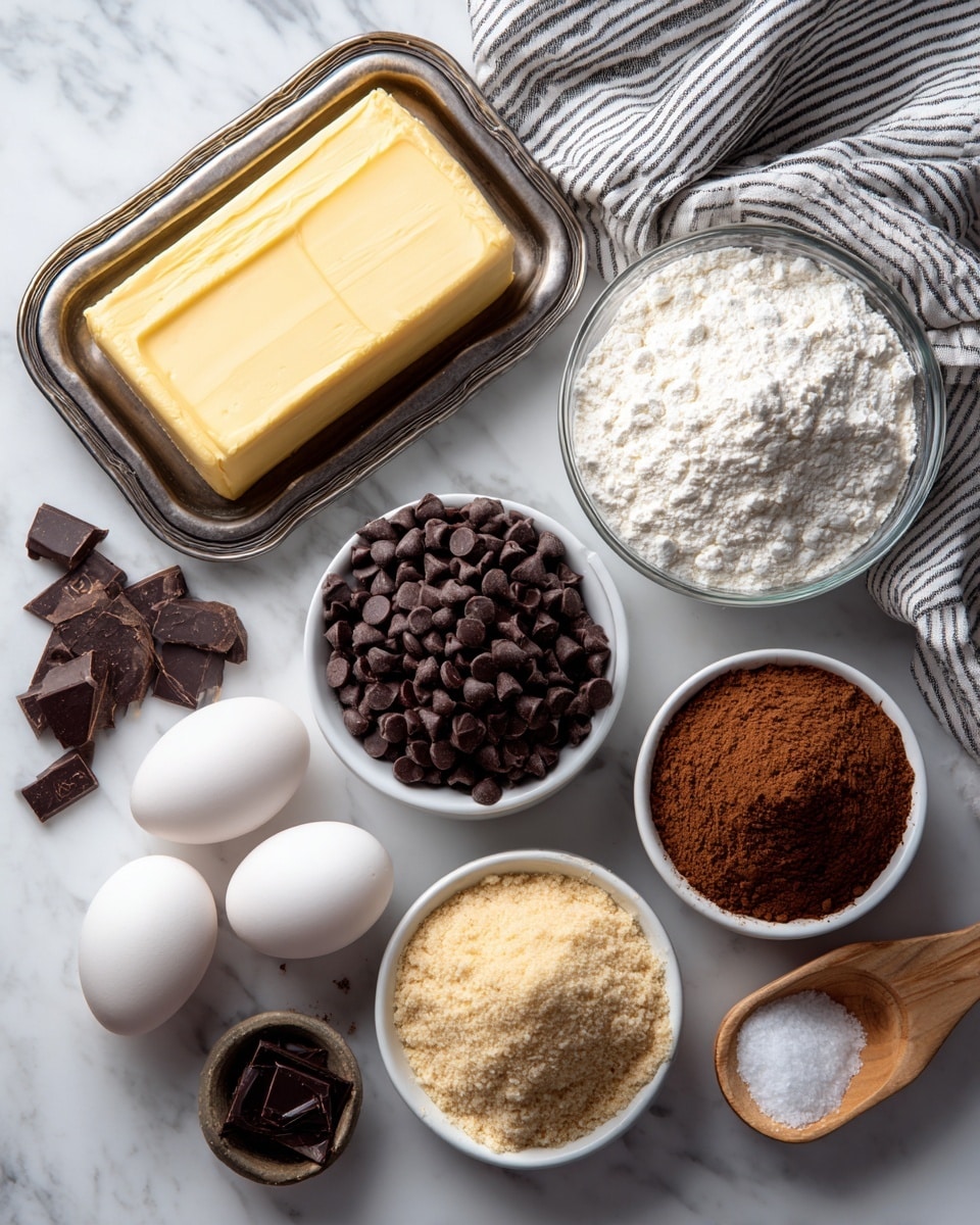 A top view of baking ingredients arranged on a white marbled surface with a striped cloth in the upper part of the image; a rectangular block of pale yellow butter sits on a shiny metal dish, a round clear glass bowl filled with white flour, a round white bowl full of dark brown chocolate chips, and another round white bowl holding light brown packed brown sugar; two white eggs lay at the bottom with a small wooden scoop of white salt nearby, next to a small clear bowl of baking soda and a small dark glass bottle of vanilla; some chocolate chips are scattered on the surface photo taken with an iphone --ar 4:5 --v 7