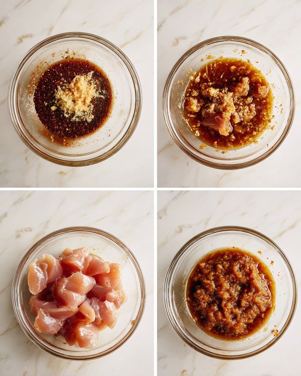 A clear glass bowl placed on a white marbled surface shows four steps of mixing a chicken marinade. The first image has a mix of dark reddish-brown and yellow spices with finely crushed light beige ginger placed on top. The second image shows the spices fully mixed into a thick, textured, light brown paste with small visible lumps. In the third image, pieces of raw light pink chicken are placed on the paste inside the bowl. The fourth image shows the chicken fully coated with the thick brown marinade, covering the chicken pieces evenly. photo taken with an iphone --ar 4:5 --v 7