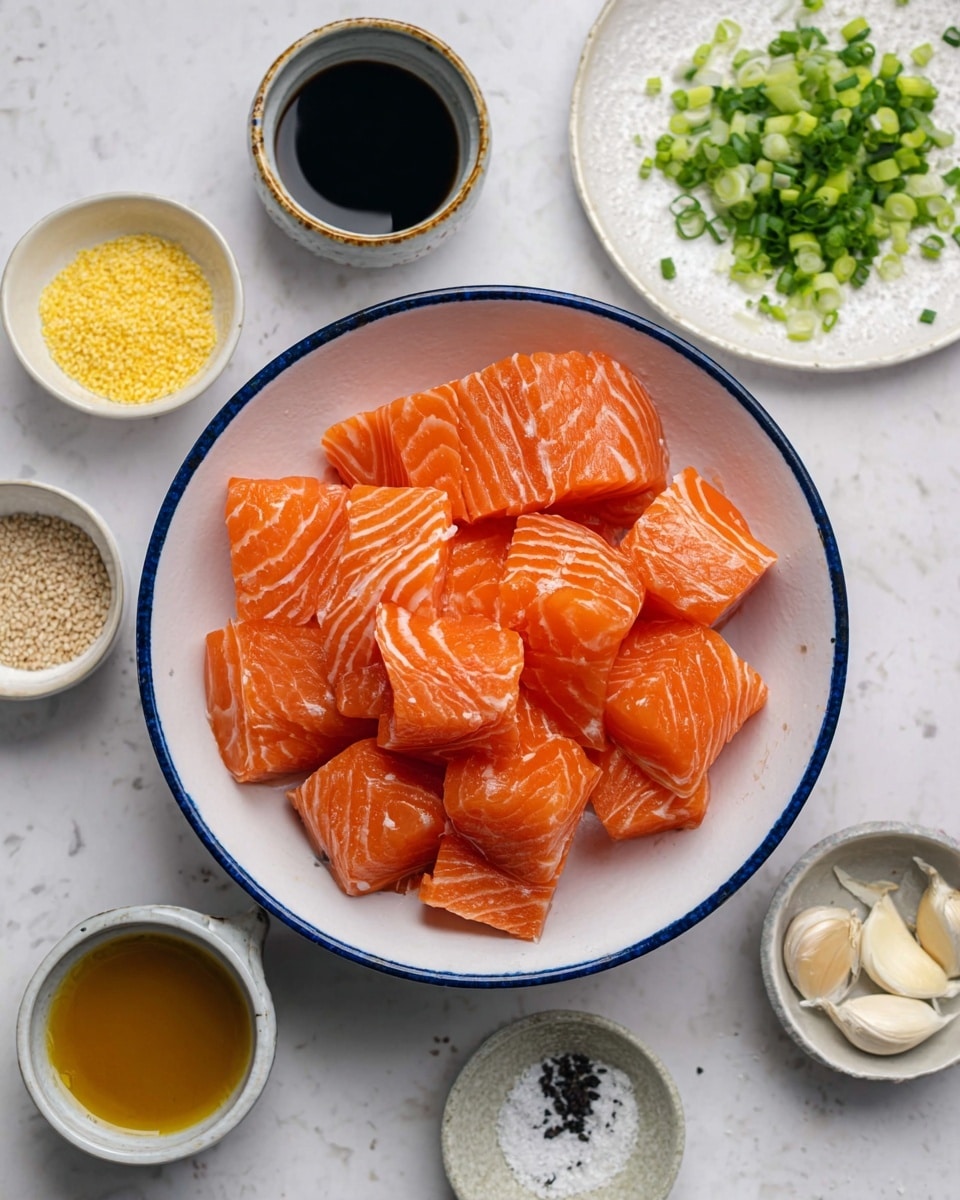 A large white bowl with a blue rim holds many thick, orange pieces of fresh salmon with white lines on top. Around the bowl, on a white marbled surface, are small white bowls and containers with different ingredients: yellow grated ginger, dark soy sauce, light brown liquid, sesame seeds, white salt, chopped green onion on a white plate, and minced garlic. The colors contrast well with the salmon and the white bowls, showing a clean and fresh setup for cooking. Photo taken with an iphone --ar 4:5 --v 7