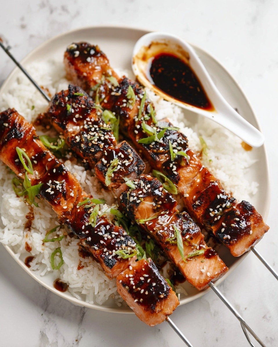 Three metal skewers with grilled salmon pieces are placed on top of a bed of white rice on a white plate. Each skewer has five salmon chunks coated in a shiny dark brown glaze, some parts slightly charred. White sesame seeds and green sliced scallions are sprinkled over the glazed salmon. A white spoon rests on the side of the plate, filled with dark sauce that also has some splashes on the rice. The plate sits on a white marbled surface. Photo taken with an iphone --ar 4:5 --v 7