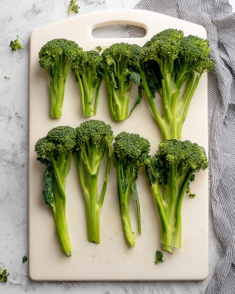 The image shows a baking tray filled with roasted broccolini. The broccolini pieces are scattered across the tray, each with long green stems and darker green, slightly charred florets. Some small golden-brown pieces, possibly garlic, are spread around the broccolini. The baking tray is well-used, with darkened edges and browned spots from cooking. The background is a white marbled surface, and a white and blue striped cloth is partially visible on the right side. photo taken with an iphone --ar 4:5 --v 7