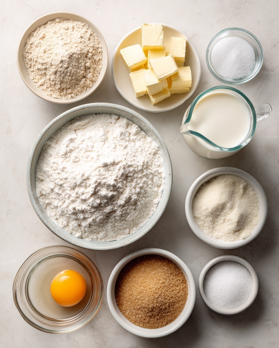 The image shows several bowls and containers of baking ingredients arranged on a white marbled surface. At the center is a white bowl filled with white all-purpose flour that has a powdery texture. To the lower left of it is a clear glass bowl containing light brown white whole wheat flour with a slightly coarse texture. Above the white flour bowl is a small white bowl with three light yellow butter cubes stacked inside. To the upper right is a small white bowl filled with coarse white salt crystals. Below the salt bowl is a clear glass cup with white milk, smooth and creamy. Next to the milk, on the right side, is a small glass pitcher filled with clear water. Below the white whole wheat flour is a small white bowl with light brown yeast granules. To the bottom left is a clear glass bowl containing a raw egg with a bright orange yolk and clear egg white. Below the butter bowl is another small white bowl containing white sugar granules. The overall setup is neat, with each ingredient clearly visible and arranged for easy identification. Photo taken with an iphone --ar 4:5 --v 7