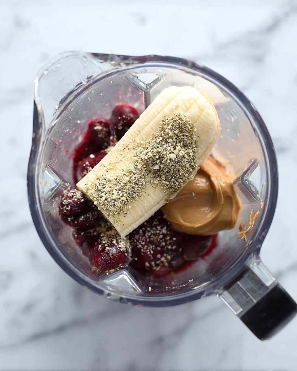 In a clear blender jar placed on a white marbled surface, there are several layers of ingredients: at the bottom, deep red frozen cherries cluster together; over them lies a light brown dollop of peanut butter, smooth in texture; on top of the cherries and peanut butter, a peeled, light yellow banana is laid diagonally, sprinkled with finely ground seeds or powder with a pale greenish-beige color. The blender jar has a black handle visible on the right side. Photo taken with an iphone --ar 4:5 --v 7