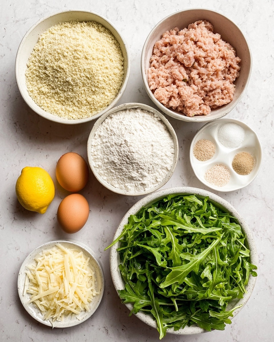 A top view of several white bowls and small plates arranged on a white marbled surface. The largest bowl on the right is filled with fresh, dark green arugula leaves. To its left, a medium white bowl contains finely ground pale yellow breadcrumbs. Above that, another white bowl holds pale pink raw ground meat, looking soft and slightly chunky. Next, a small white bowl filled with white flour is placed near the top right. Beside the breadcrumb bowl, a small white plate holds three types of light-colored powders and granules. Two brown eggs and a whole bright yellow lemon are placed to the bottom left, next to a small white bowl filled with thin, pale yellow cheese shavings. Photo taken with an iphone --ar 4:5 --v 7