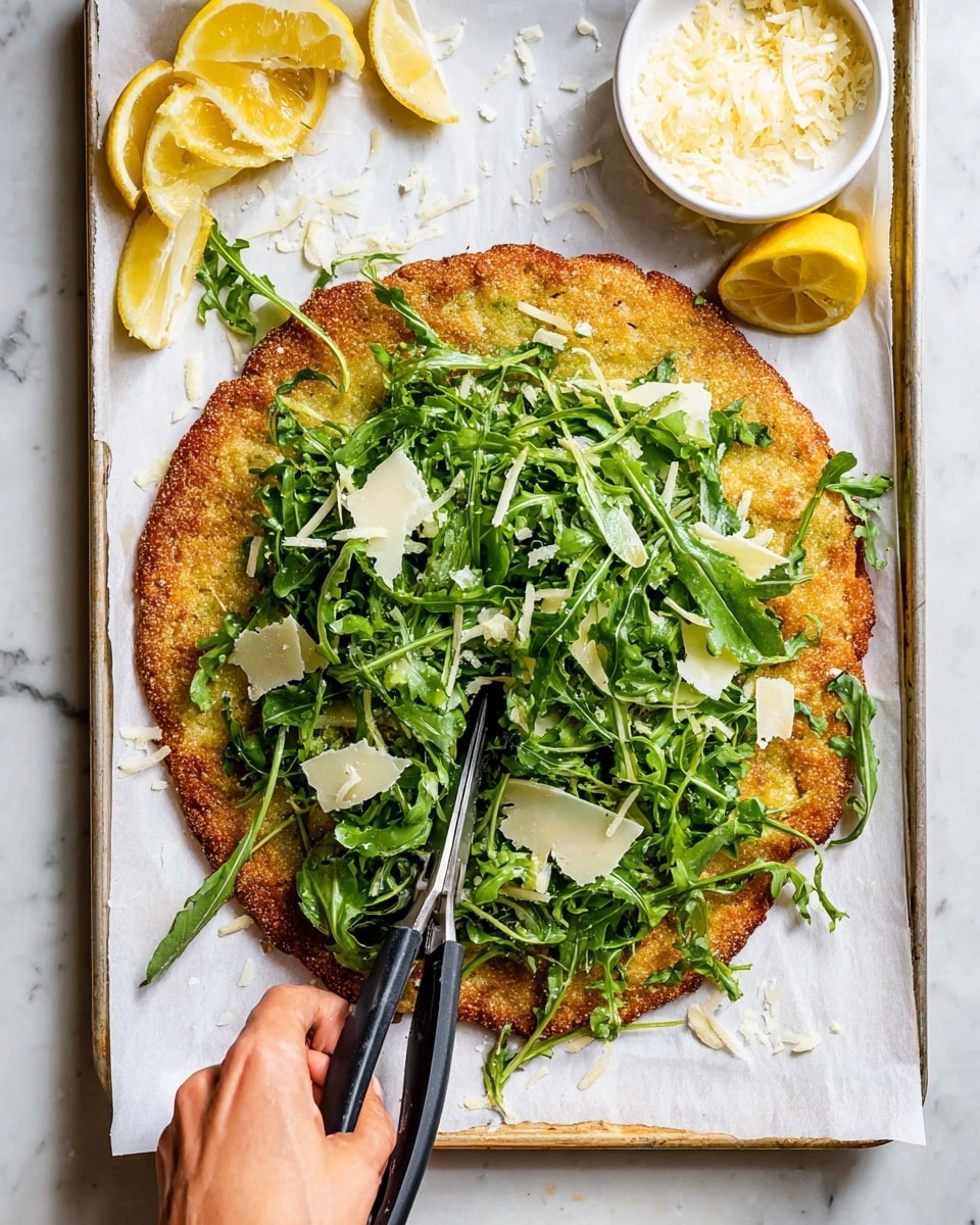 A large, round, golden brown crusty base lies on white parchment paper on a baking tray, topped fully with fresh bright green arugula leaves scattered with thin, pale yellow cheese shavings. Around the base are several yellow lemon wedges and a small white bowl filled with more cheese shavings. A woman's hand holds black-handled kitchen scissors, cutting into the arugula topping. The background surface is a white marbled texture. photo taken with an iphone --ar 4:5 --v 7