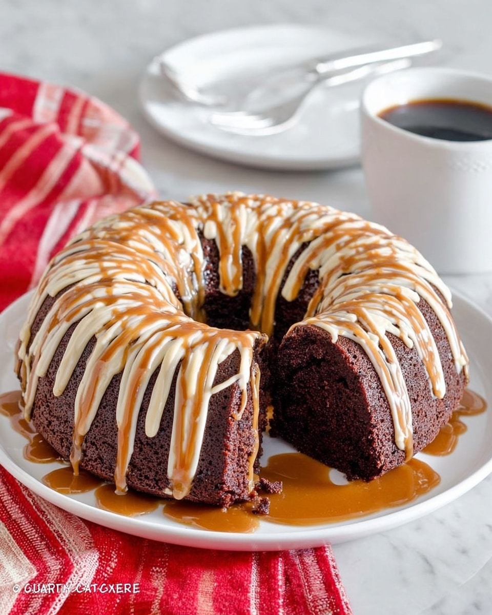 A slice of dark chocolate bundt cake sits on a white plate with a fork resting at the edge. The cake has one thick layer of moist, rich chocolate inside. It is drizzled on top with light caramel and white icing forming thin stripes that run from the top to the sides. In the background, the whole bundt cake is visible on a white plate, similarly drizzled with caramel and white icing. There is a white cup filled with black coffee to the left, placed on a white marbled surface. A red and white striped cloth lies underneath the plate. Photo taken with an iphone --ar 4:5 --v 7