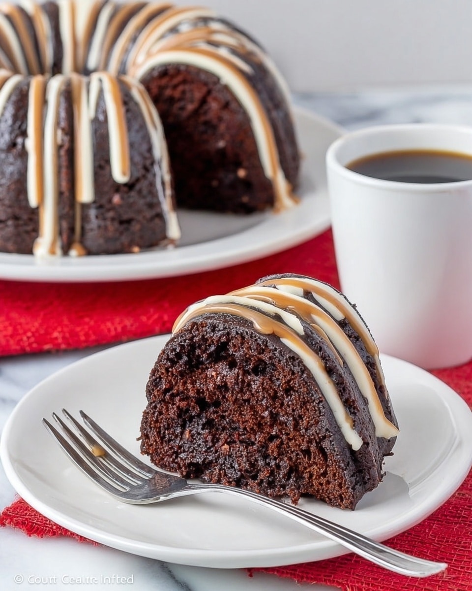 A round chocolate bundt cake with a rich, dark brown color and moist texture, sitting on a white plate with a shiny caramel sauce pooled around the base. The cake is topped with two drizzles, one thick caramel-colored and another white, both running down the sides in thin, uneven lines. A slice is removed, revealing the dense and moist inside of the cake. The plate rests on a white marbled surface, with a red and white striped cloth nearby. In the background, there is a white plate with a fork and a white cup filled with black coffee. Photo taken with an iphone --ar 4:5 --v 7