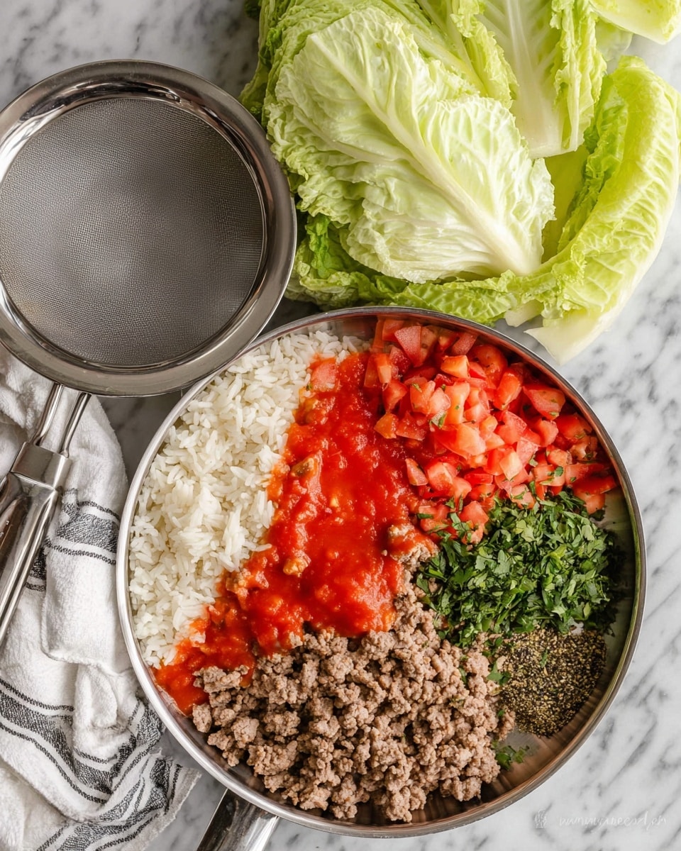 A top view of a silver pan showing six layers of ingredients: cooked ground meat with light brown and beige texture at the bottom left, plain white rice in the center, bright red tomato sauce on the top left, chunks of red tomatoes on the top right, green finely chopped herbs near the bottom left edge, and sprinkled green and black spices on the right side of the rice. Above the pan, there is a round silver strainer filled with large, pale green and white leafy vegetables. The pan and strainer rest on a white marbled surface with a white and gray striped cloth next to the pan’s handle. Photo taken with an iphone --ar 4:5 --v 7