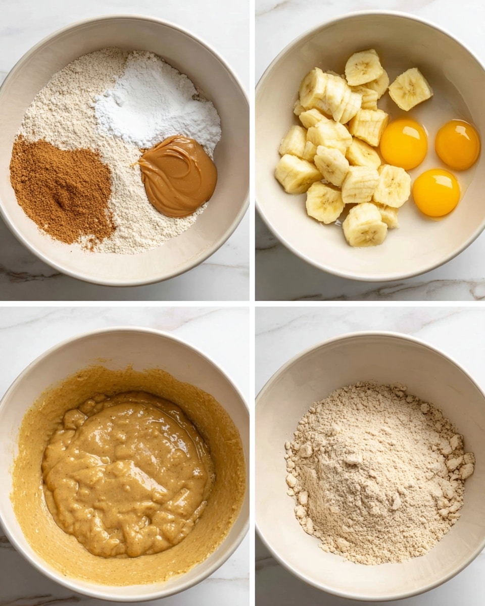 A collage of four images shows the step-by-step mixing of ingredients in a white bowl on a white marbled surface. The first image displays dry ingredients layered in the bowl with a light beige powder base and smaller piles of white and brown powders on top. The second image shows chunks of light yellow banana pieces, two bright yellow egg yolks, and a dollop of brown peanut butter placed next to each other inside the bowl. The third image captures the bowl filled with a smooth, creamy medium-brown batter with small lumps. The fourth image shows the batter again with a heap of pale beige powder on top, ready to be mixed. photo taken with an iphone --ar 4:5 --v 7