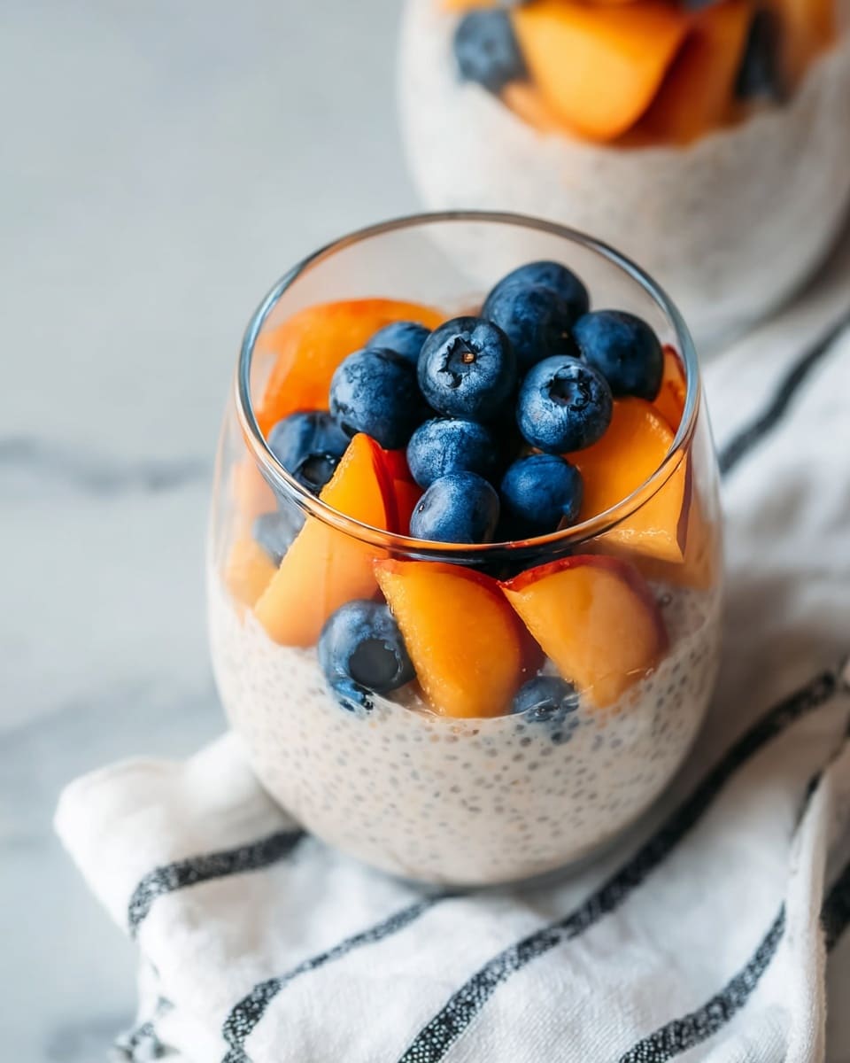 The image shows a clear round glass filled with three layers. The bottom layer is creamy and light beige with small dark seeds, likely chia pudding. On top of this is a layer of chopped bright orange peach slices, which are juicy and smooth. The top layer has plump, deep blue blueberries, which sit evenly on the peach pieces. The glass sits on a white marbled surface and a white cloth with black stripes is next to it. Photo taken with an iphone --ar 4:5 --v 7