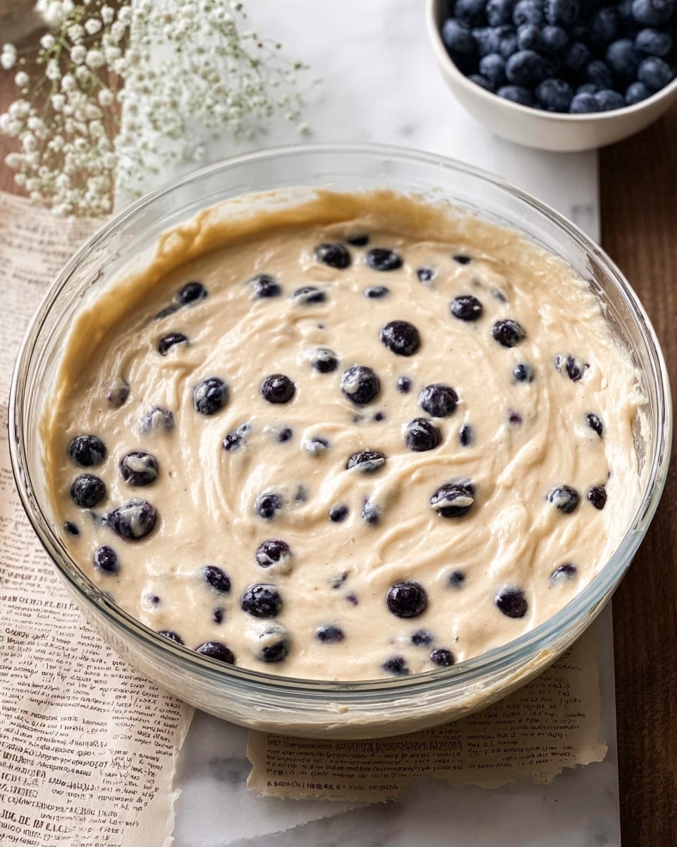 A clear glass bowl filled with a creamy, light beige batter mixed with small dark blueberries evenly spread throughout. The batter has a smooth, thick texture with soft swirling marks on the surface. The bowl sits on a white marbled surface with a small bunch of delicate white flowers visible on the left side, and a white bowl of fresh blueberries partially seen in the top right corner. A piece of torn paper with printed text is placed beneath the bowl on the surface. photo taken with an iphone --ar 4:5 --v 7