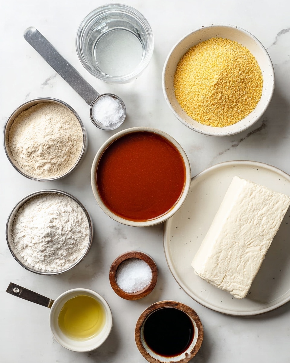 The image shows nine ingredients arranged on a white marbled surface. On the right side, there is a white plate holding a block of tofu with a smooth, plant-based texture and a pale cream color. Above it, a small white bowl holds yellow nutritional yeast flakes, grainy and light. Next to it, a clear glass jar of water is visible. Below the yeast bowl, there is a medium-sized white bowl filled with a smooth, reddish-brown sauce. On the left side, there are three metal measuring cups holding powdered white flour, coarse beige almond flour, and golden cooking oil. Between these cups, a small wooden bowl with white salt is placed. At the bottom right, a white bowl contains a dark brown liquid that looks like soy sauce. The items are neatly spaced, with clear colors and textures under soft lighting. Photo taken with an iphone --ar 4:5 --v 7