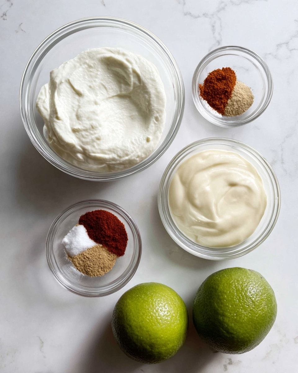 The image shows four main elements placed on a white marbled background: a large clear glass bowl filled with thick white yogurt, a smaller clear glass bowl containing a creamy off-white substance, another small clear glass bowl with five different spices arranged in small piles—white salt, reddish-brown chili powder, light brown garlic powder, darker brown cumin or cinnamon powder, and another darker red spice—and two whole, bright green limes with a textured surface. All items are neatly arranged with the bowls on the top and the limes placed side by side near the bottom, creating a balanced and clean composition photo taken with an iphone --ar 4:5 --v 7