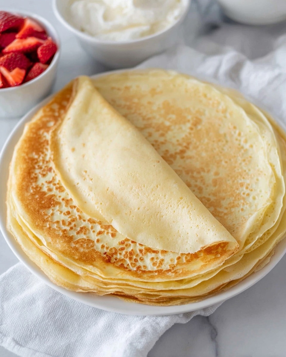 A stack of thin crepes sits on a white plate, with about ten layers visible. The top crepe is folded in half, showing a light golden brown side with uneven bubble patterns and a pale yellow side underneath. The crepes have soft, smooth textures with slightly crisp edges. In the background, there are two small white bowls, one filled with diced red strawberries and another with a white creamy spread. The plate rests on a white cloth on a white marbled surface. photo taken with an iphone --ar 4:5 --v 7