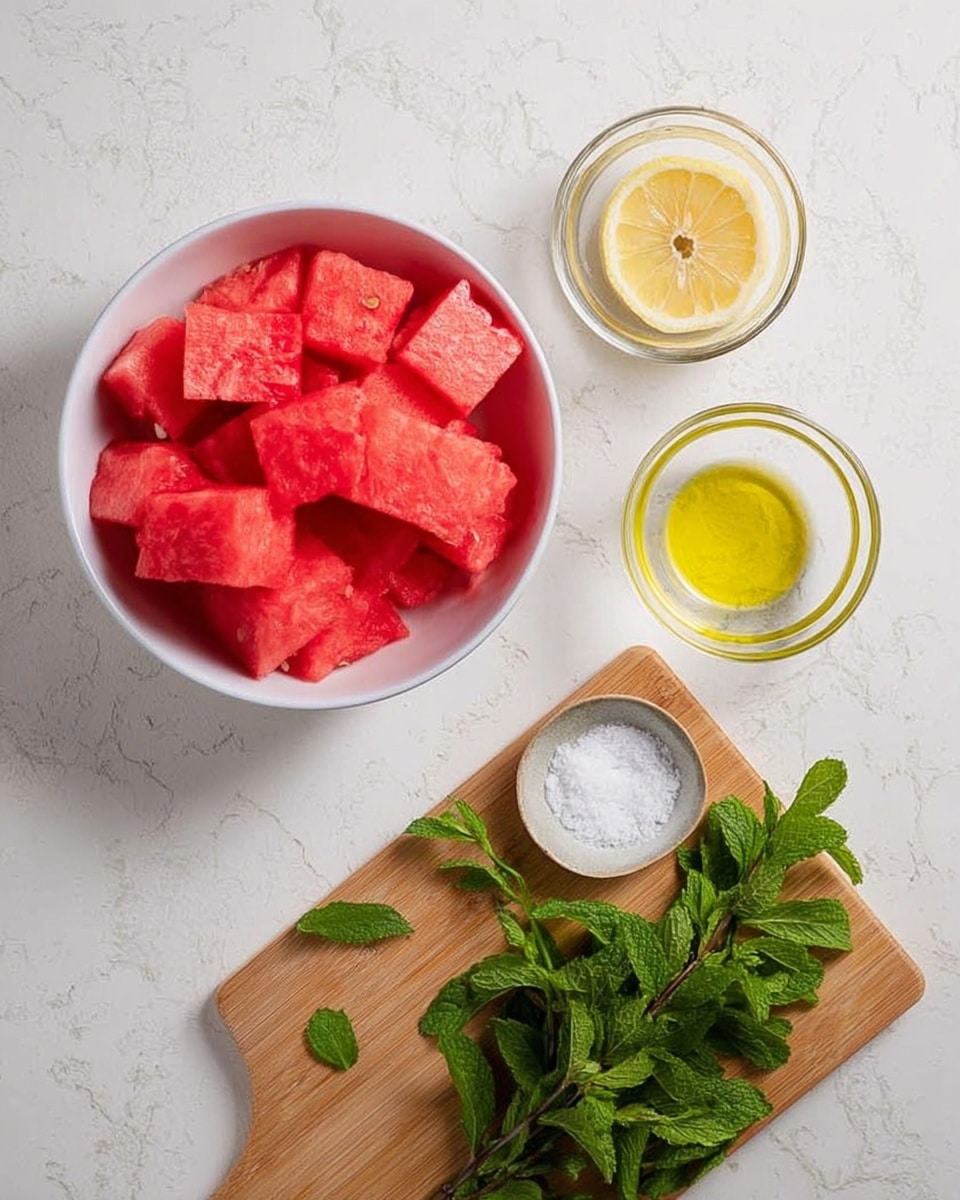 The image shows a top view of a white bowl filled with bright red watermelon cubes on the left side. Next to it on the right, there are two small clear glass bowls, one with a slice of lemon floating in water and the other with a yellow liquid, likely oil. Below these bowls is a small wooden cutting board placed on a white marbled surface, holding a bunch of fresh green mint leaves and a small clear bowl filled with white salt. A few loose mint leaves are scattered on the marbled surface near the cutting board. Photo taken with an iphone --ar 4:5 --v 7