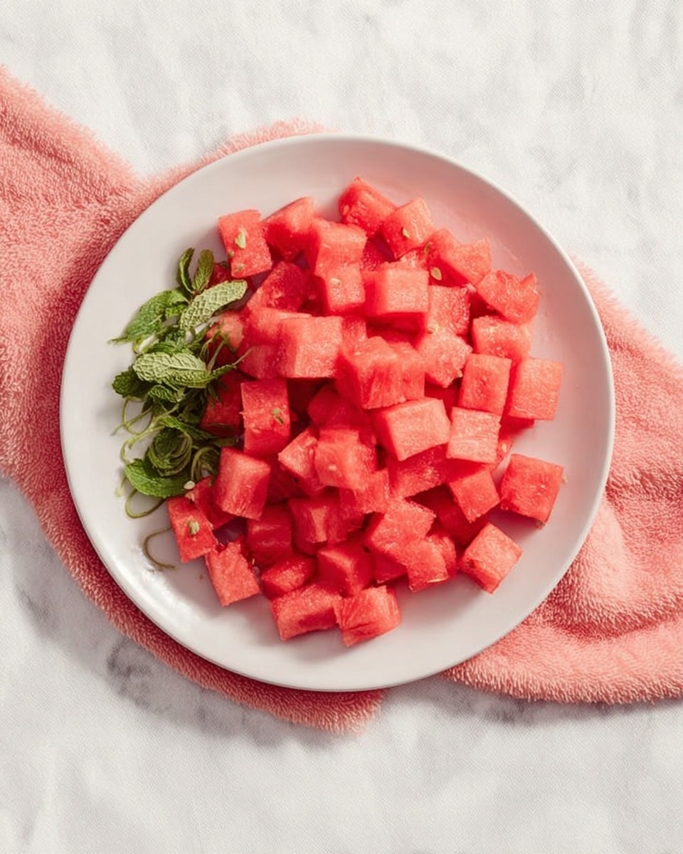 A white round plate holds a layer of bright red, cubed watermelon pieces arranged closely together, covering most of the plate. On one side, a small pile of thinly sliced green mint leaves is placed, adding contrast to the red watermelon. The plate is set on a light pink cloth with a soft, fuzzy texture, all placed on a surface with a white marbled texture photo taken with an iphone --ar 4:5 --v 7