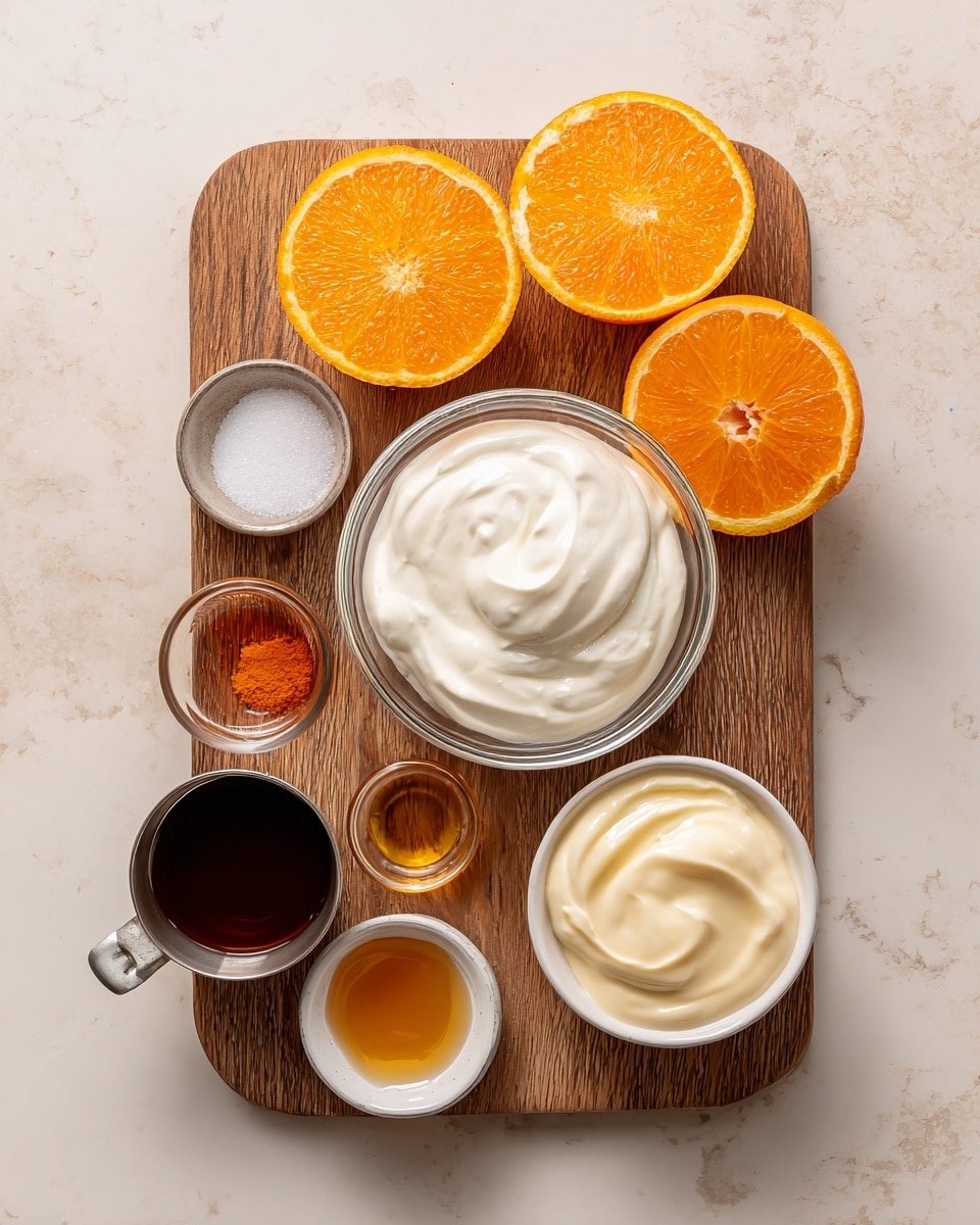 The image shows a wooden cutting board with several ingredients neatly placed on it. On the left side, there are two whole oranges and one orange half showing its bright orange inside. Toward the top center, there is a clear glass bowl filled with thick white heavy cream. To the right of it, another clear glass bowl has a creamy light yellow sweetened condensed milk. Below these, a small silver cup holds dark brown vanilla extract, and a small white bowl contains golden honey or agave syrup. Nearby, another small silver cup features white salt, and next to it is a small container of bright orange food coloring with some color visible on the rim. The entire setup is on a white marbled textured surface. photo taken with an iphone --ar 4:5 --v 7
