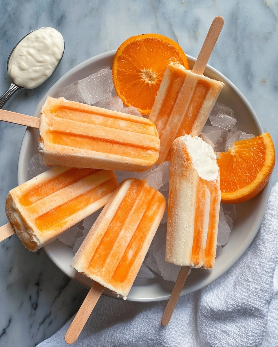 There are five orange and white striped popsicles arranged in a circle on top of ice inside a white bowl; each popsicle has a wooden stick at the bottom, and one popsicle is partially eaten showing creamy white inside. Two bright orange wedges rest inside and outside the bowl, adding fresh color. A silver spoon with a dollop of white cream lies near the bowl on a white marbled surface. A white cloth napkin is partially visible under the bowl. Photo taken with an iphone --ar 4:5 --v 7