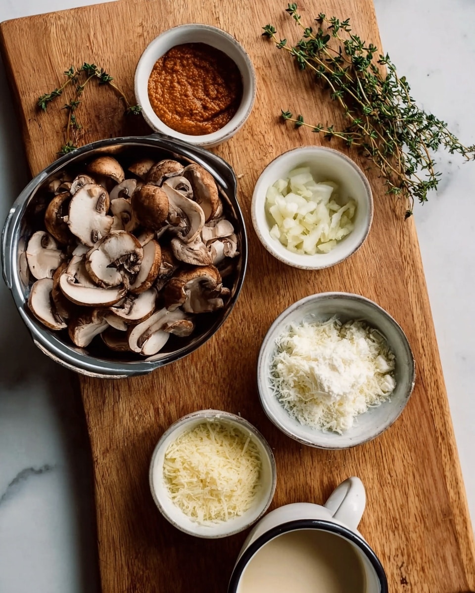 A wooden cutting board sits on a white marbled surface with fresh thyme sprigs resting near the top right corner. At the bottom left, a metal bowl holds several sliced mushrooms, showing their brown caps and white insides. Above it, three small white bowls are arranged: one with a thick reddish-brown paste, one with small chopped garlic pieces, and one filled with finely grated white cheese. To the right of the mushrooms, a white cup with a dark rim contains a creamy white liquid. photo taken with an iphone --ar 4:5 --v 7