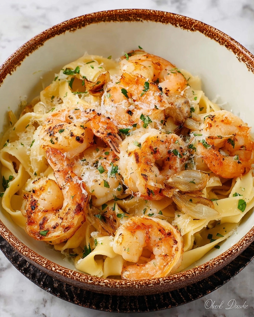 A bowl of pasta with shrimp is shown, with about three shrimp on top of light yellow pasta noodles that are twisted and layered thickly in the bowl. The shrimp are pink with some light grill marks and are nestled within the pasta. The bowl is white with a rustic brown and green pattern around the outside. A fork held by a woman's hand lifts a bite of noodles and one shrimp above the bowl. The background shows a white marbled surface with a light cloth and a bowl of shredded white cheese nearby. Photo taken with an iphone --ar 4:5 --v 7