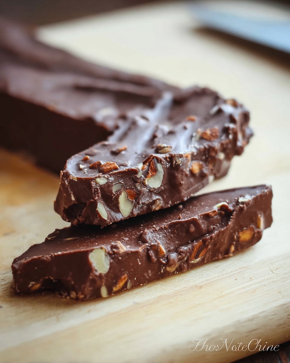 The image shows a thick chocolate fudge bar with bits of nuts inside, resting on a light wooden surface. The fudge is cut into three pieces; the middle piece is thin and long with rough, textured edges, and pieces of nuts showing clearly inside its dark brown, creamy smooth center. The cut edges show a soft texture while the top surfaces are uneven and glossy. The background is blurred, focusing on the rich chocolate pieces. photo taken with an iphone --ar 4:5 --v 7