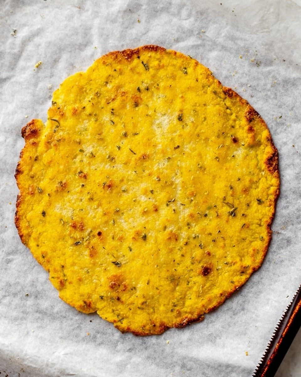 The image shows a single thin, round yellow flatbread or crisp sitting on white baking paper with some browned edges, placed on a white marbled surface. The flatbread has a slightly uneven texture with small bits of herbs or seasonings visible, suggesting a baked or cooked crust with a golden, slightly toasted top. Around the edges, the flatbread looks crisp and a bit darker, while the center is mostly smooth and uniformly yellow. The baking tray beneath has a dark border visible at the bottom of the image. Photo taken with an iphone --ar 4:5 --v 7