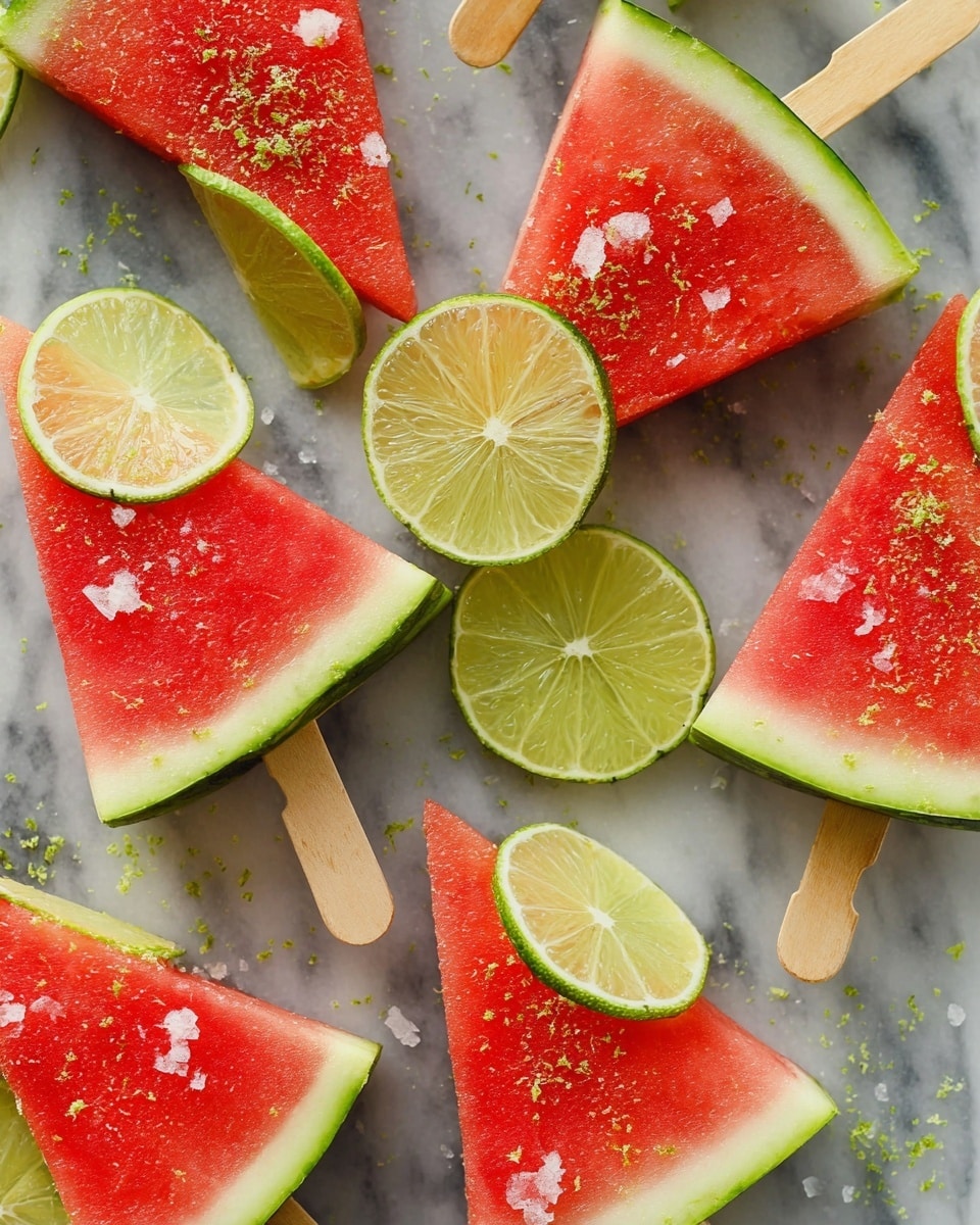 The image shows several triangular watermelon slices arranged on a white marbled surface. Each slice has three visible layers: a dark green rind on the outside, a light greenish-white inner rind, and a bright red juicy flesh in the center. Some slices have wooden sticks inserted at their base like popsicles. The watermelon pieces are sprinkled with fine pieces of green lime zest and coarse white salt crystals. Two slices have thin, round lime slices placed on top near the rind edges. The colors are fresh and vibrant, with the red flesh contrasting against the green rind and lime. photo taken with an iphone --ar 4:5 --v 7