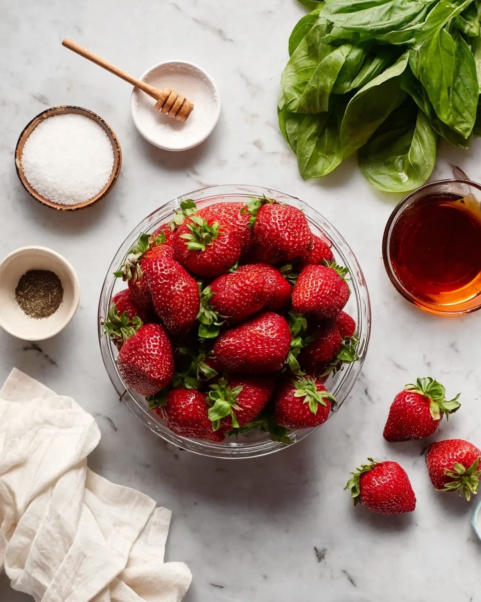 A clear glass bowl filled with many red strawberries with green leaves sits in the center on a white marbled surface. Around the bowl, there is a small white bowl with white salt and a small wooden spoon, a small bowl with black pepper, a white cup with dark brown liquid, and a glass jar with amber-colored liquid. Fresh green leafy basil is placed on the top right corner, and two strawberries are lying on the surface near the basil and white cloth napkin folded in layers at the bottom right corner. Photo taken with an iphone --ar 4:5 --v 7