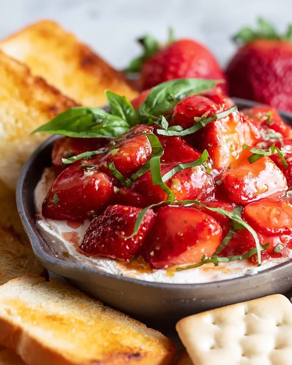 A small white bowl filled with soft cream cheese at the bottom layer, topped by a generous layer of bright red fresh strawberry slices that are juicy and shiny, sprinkled with thin strips of fresh green basil leaves covering the strawberries; the bowl is placed on a white marbled surface next to golden toasted bread on the left and a pile of light-colored crackers on the right. The strawberries are whole and halved, showing their vibrant red texture and small yellow seeds. Photo taken with an iphone --ar 4:5 --v 7