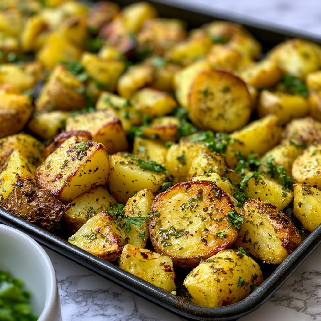 The image shows a close-up of a baking tray filled with small yellow potato halves and quarters scattered evenly. On top of the potatoes, there are layers of fresh green herbs including thyme and rosemary, along with visible ground black pepper, red paprika powder, and other spices giving a mix of green, black, and red colors over the pale yellow potatoes. A clear golden stream of oil is pouring from a white bottle onto the potatoes, adding shine to the textured surface. The tray sits on a white marbled surface faintly visible at the edges. photo taken with an iphone --ar 4:5 --v 7