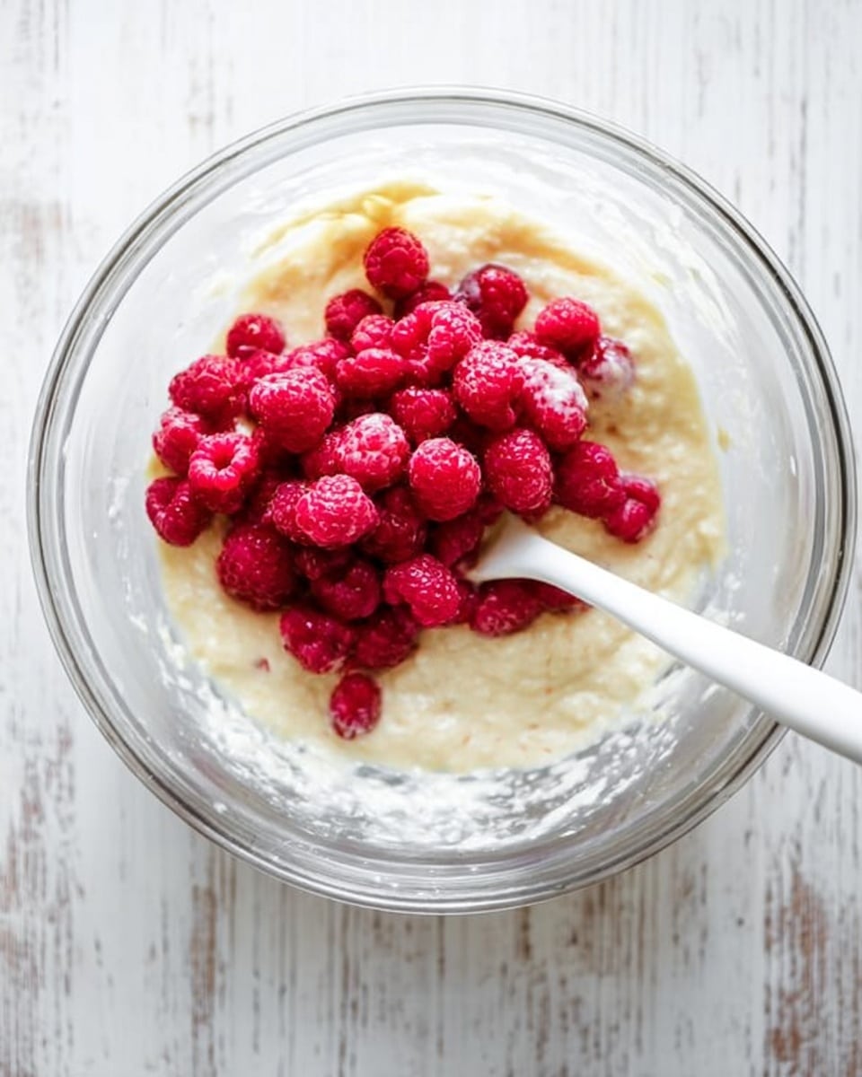 A clear glass mixing bowl sits on a white marbled surface, filled with thick, pale yellow batter. On top of the batter is a pile of bright red raspberries that stand out vividly against the creamy mixture. A white spoon rests inside the bowl, partially submerged in the batter, ready to fold in the raspberries. The scene has a fresh and simple feel, focusing on the contrast between the pale batter and the vibrant fruit. photo taken with an iphone --ar 4:5 --v 7