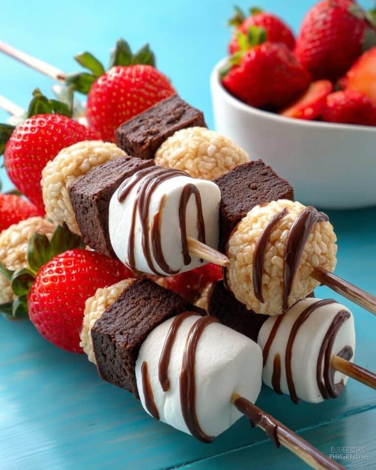 Chocolate Drizzle Dessert Kabobs with Strawberries, Marshmallows, and Brownie Bites Recipe