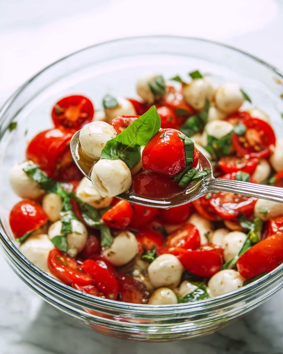 A clear glass bowl holds a bright salad with three layers: the first layer has small, white mozzarella cheese balls; the second layer shows shiny, red cherry tomatoes, some whole and some sliced; the third layer is fresh, green basil leaves scattered on top, adding a fresh burst of color. A silver spoon lifts a mix of these three parts, showing a close-up of the cheese balls, cherry tomato, and basil leaf glistening with a light dressing. The bowl sits on a white marbled surface. photo taken with an iphone --ar 4:5 --v 7